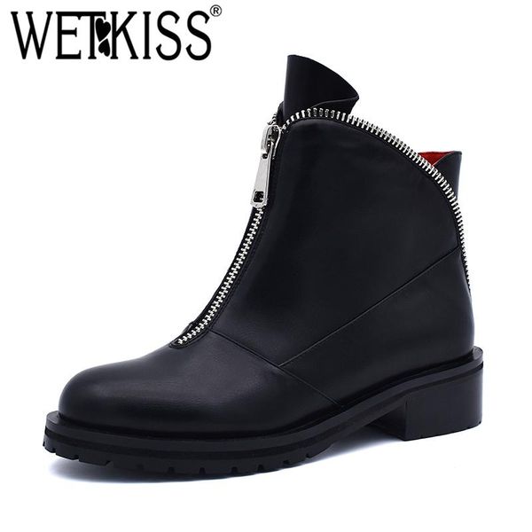 

boots wetkiss plus size 34-42 ankle women round toe zip pu footwear platform female boot med thick heels shoes 2021 black