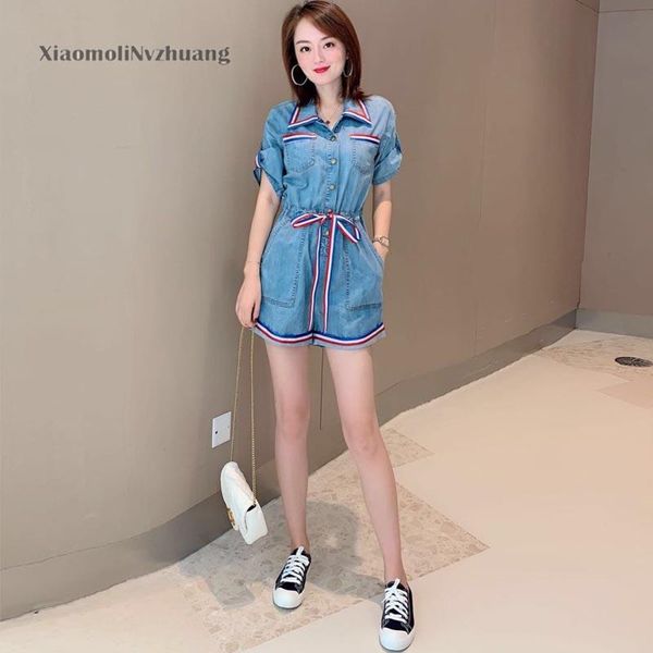 

women's jumpsuits & rompers xiaomoli denim one piece shorts loose show thin contrast color short sleeve 2021 summer fashion, Black;white