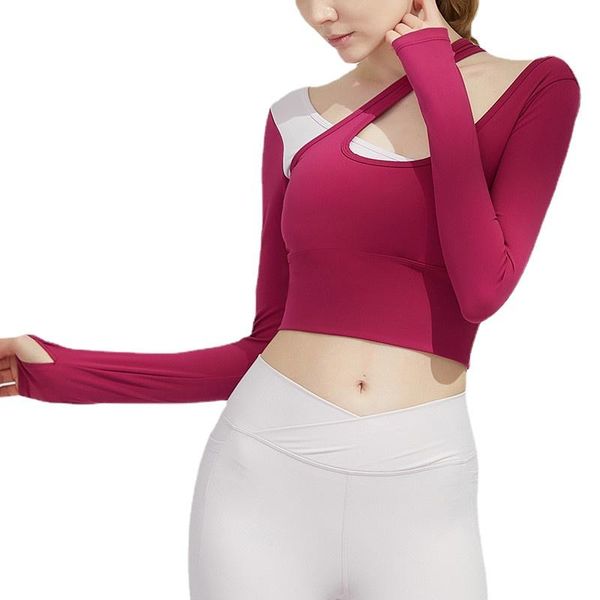 

yoga outfit autumn winter women beauty back t shirts chest pad patchwork quick dry running training gym fitness workout sportswear