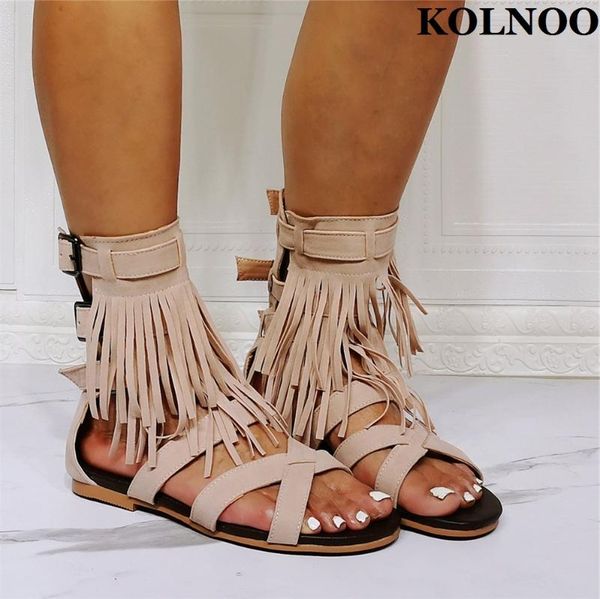 

sandals kolnoo handmade retro womens flat fringed&tassel buckle straps back-to-school summer shoes daily wear fashion prom, Black