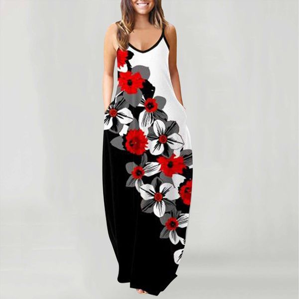

40 floral printed summer sundresses women dress o neck sleeveless plus size pullover dresses for loose pocket robe femme, Black;gray