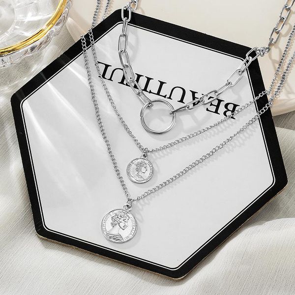 

chains vcorm hiphop punk silver color multi-layer long chain necklace for women vintage round coin party pendant 2021 jewelry