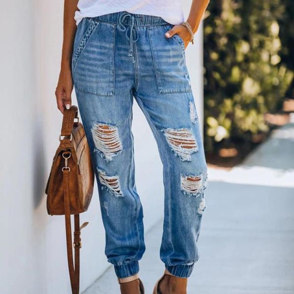 

autumn women's jeans high waist push up elastic cords ripped denim pants bundle ankle destroyed loose straight hole, Blue