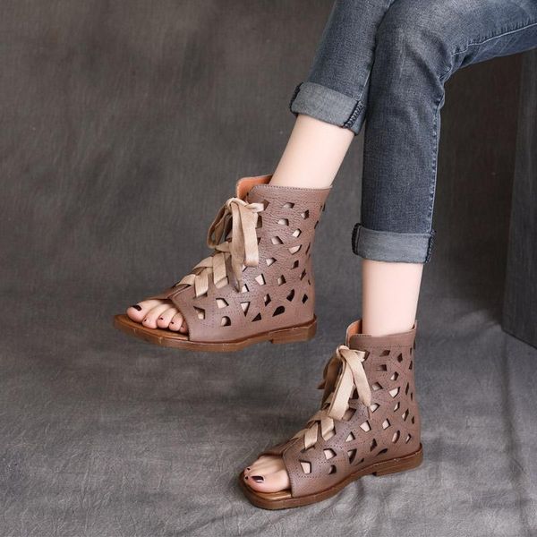 

boots women leather sandals peep toe hollow out retro summer shoes low heels handmade genuine ankle black