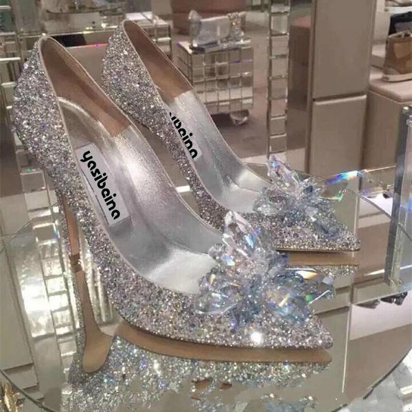 

dress shoes cinderella crystal heels women pointed bride women's high female silver rhinestone wedding, Black