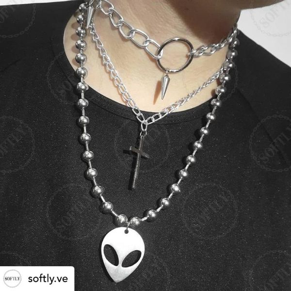 

chains cross-border european and american original hip hop style titanium steel rivet clavicle chain punk alien pendant men's jewelry, Silver