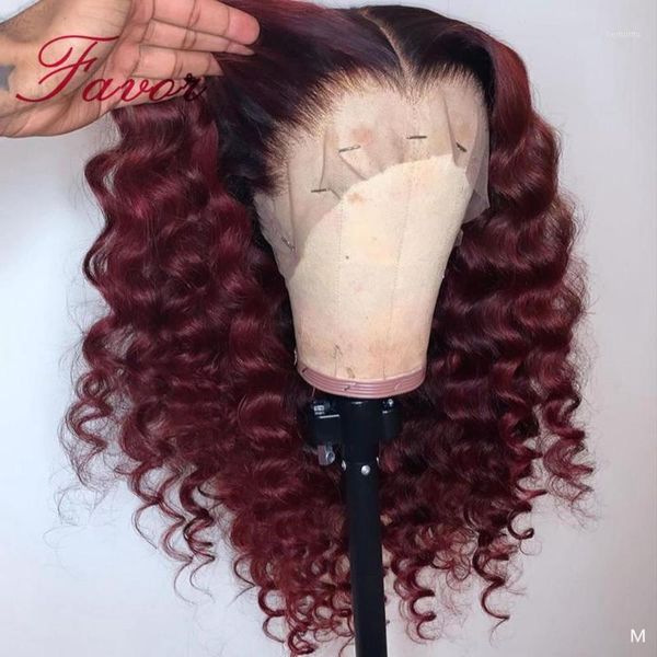 

1b/99j brazilian hair curly lace front wigs ombre red 13x6 remy human pre plucked for black woman1, Black;brown