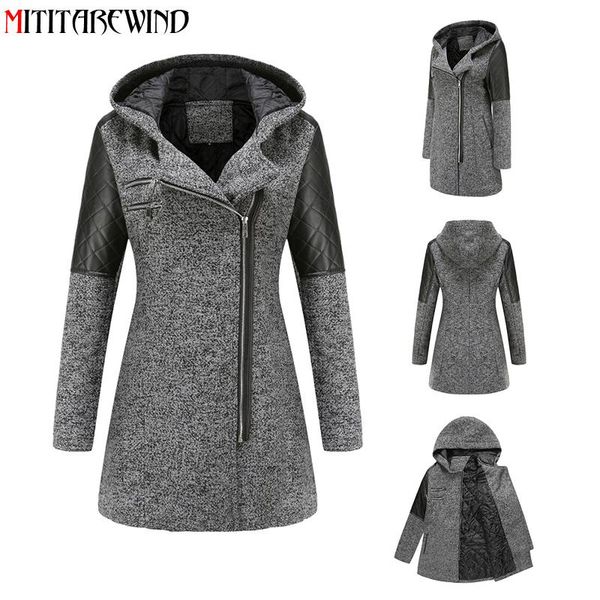 

women's wool & blends large size s-5xl autumn winter jacket women casual hooded collar padded coat thick warm patchwork overcoat casaco, Black
