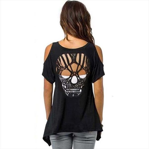 

cold shoulder short sleeve cut womens t shirts hollow skull backless casual, White