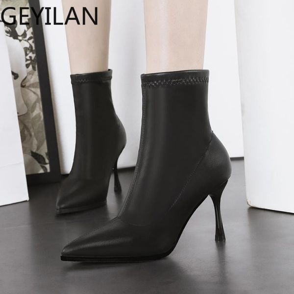 

dress shoes women ankle boots high heels stiletto leather winter ladies fashion, Black