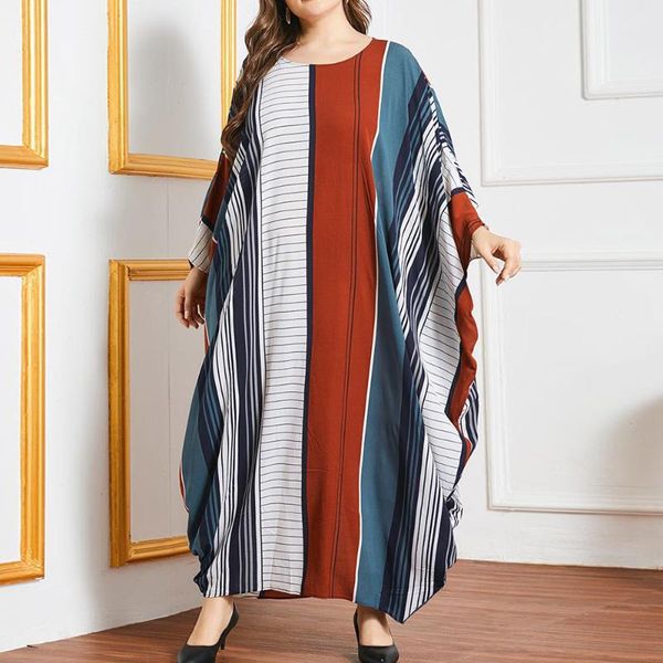 

casual dresses muslim dress spring autumn fashion loose color stripes printing irregular bat sleeve round neck woman's clothing, Black;gray