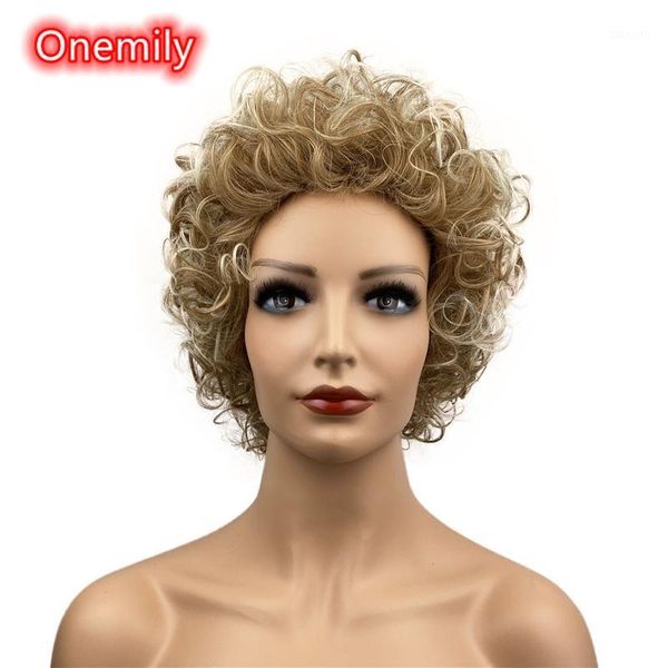 

onemily short wavy wave curly heat resistant synthetic hair wigs for women girls party evening out golden blonde1, Black