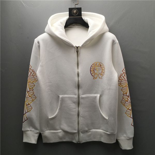 

2021 autumn winter tide brand new color cross printing plush hooded sweater zipper cardigan men's coat, Black