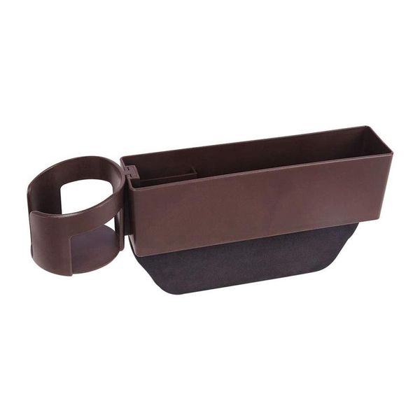 

car organizer seat space filler, brown side pocket with removable cup holder and card storage area, catcher for dr