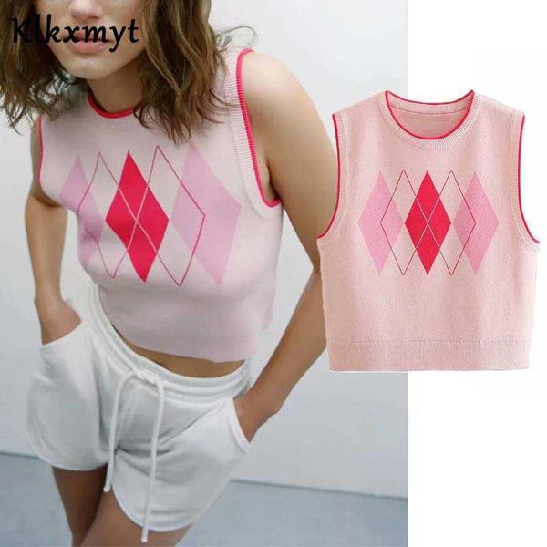 Klkxmyt mola za rosa argyle sweater colete mulheres com nervuras colhido sem mangas feminina feminina bonito vintage pullover tops 210527