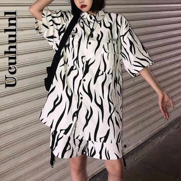 

ucuhulnl matching sets zebra pattern oversized half sleeve shirts straight casual shorts harajuku short set fashion suit 2 piece women', Gray