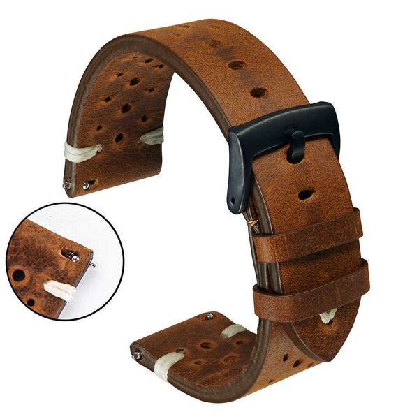 Genuine Leather Watch Band Strap Poroso 18mm 20mm 22mm Escuro Marrom Handmade Cera De Petróleo Relógio de Couro Liberte Rápido Mulheres H0915