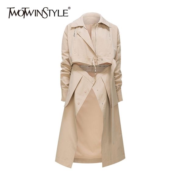 

twotwinstyle khaki casual spring windbreaker for women lapel long sleeve sashes korean trench female clothing fashion 210812, Tan;black