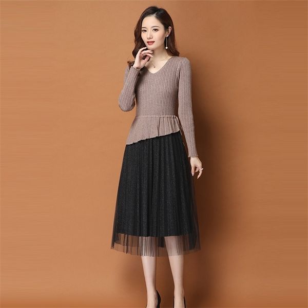 

spring and autumn fashion v-neck knitted dress casual korean lace skirt women 210427, White;black
