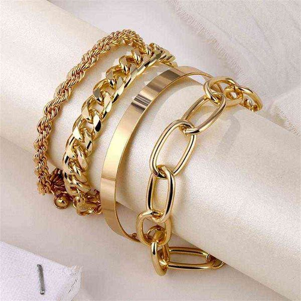 

vkme 4pcs punk curb cuban chain bracelets set for women miami boho thick gold color charm bangles fashion jewelry, Black