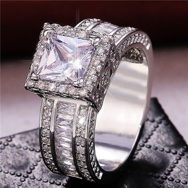

wedding rings aesthetic diamond simulated square solitaire ring hip hop engagement accessories gorgeous micro paved cz jewelry for men, Slivery;golden