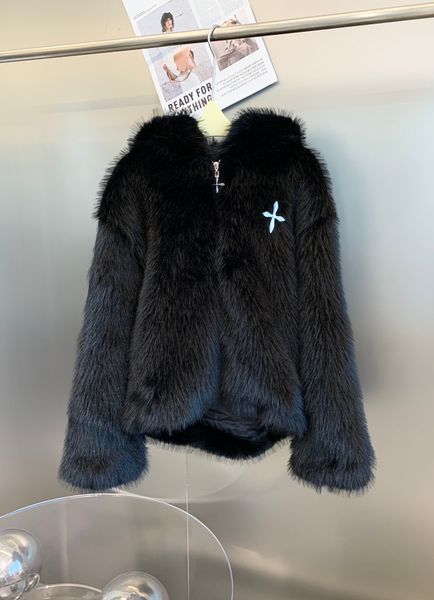 

eco friendly fur hooded coat, Black