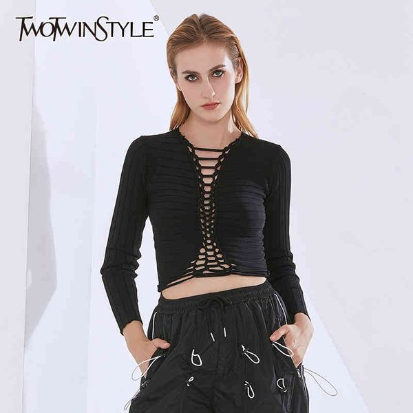 

twotwinstyle hollow out t shirt for women o neck long sleeve slim knitted short t shirts female autumn fashion 210517, White