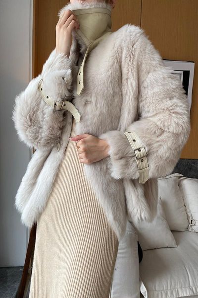 

women's fur & faux one tuscan wool winter korean temperament commuting short splicing long sleeve slim lapel, Black