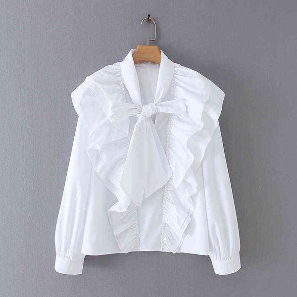 Mulheres Chic Bow Laço Collar Blusa Branco Ruffles Manga Longa Escritório Desgaste Feminino Camisa Elegante Sólido Top Blusas H1230