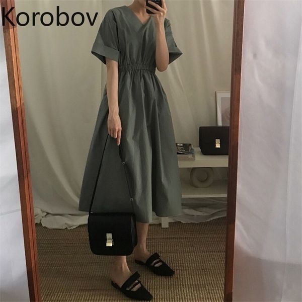 Korobov Gevşek Çılgın Stil Yaz Temel Elbise Kadınlar Yüksek Bel Kalça Bir Çizgi Katı Vestido V Boyun Puf Kısa Kollu Uzun Ropa 2A588 210430