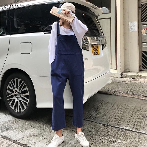 

women's jumpsuits & rompers women denim high waist trendy womens jumpsuit loose daily simple female all-match chic pockets students kor, Black;white