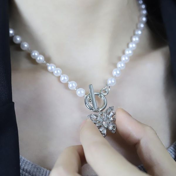 

pendant necklaces fashion lovely choker necklace pearl beads ot buckle butterfly women summer holiday gift women's punk neck chain, Silver