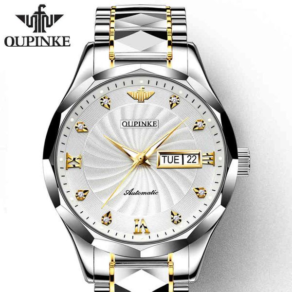 

swiss brand oupinke luxury men watches automatic watch mens tungsten steel waterproof 5atm business mechanical wristwatch 3169, Silver