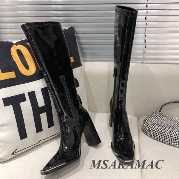 

boots ins shiny leather metal high heel long square toe slim-fit fashionable winter street ladies party shoes1, Black