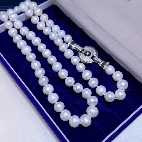 

chains oval 9-10mm fresh water white pearls necklace sweater for women fine birthday presents, Silver