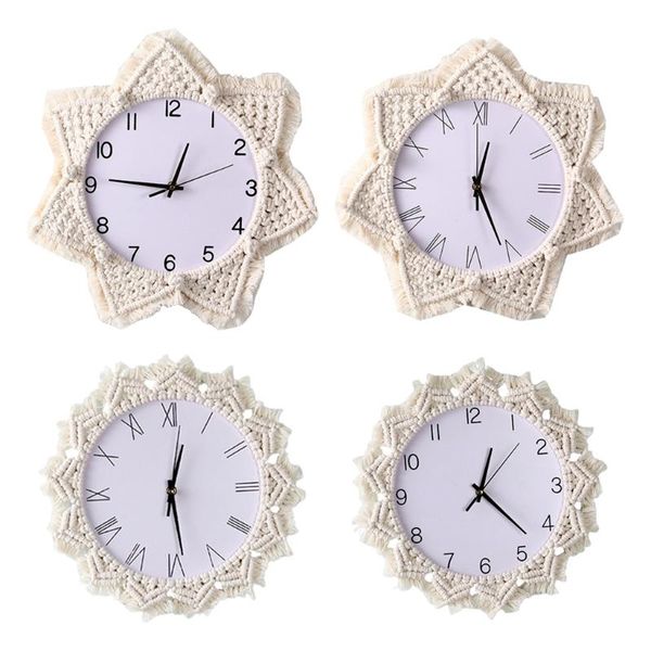 

wall clocks macrame cotton rope decorative battery operated silent quartz clock, cabinet background non ticking clock for home