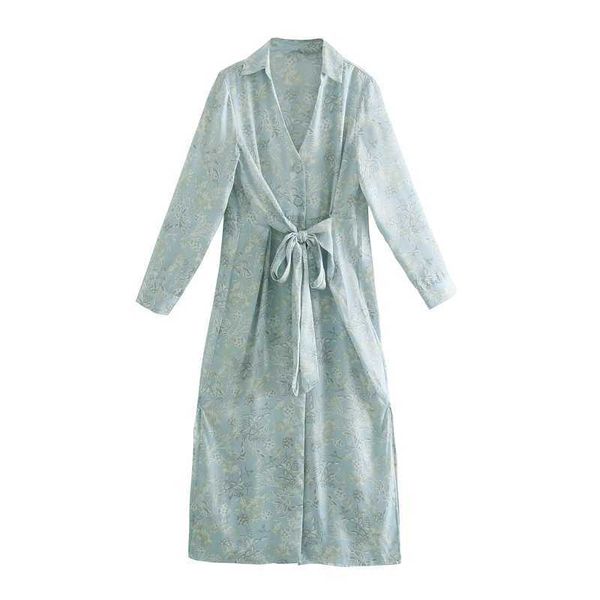 

woman spring elegant floral long dress turn down collar fashion chic vintage split with sash 210525, Black;gray