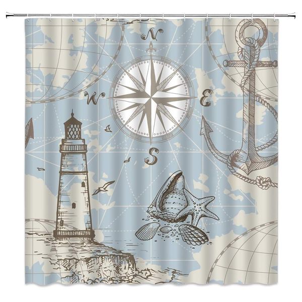 

nautical theme shower curtain vintage ocean map compass ship anchor lighthouse sea shells,70x70 inch polyester fabric bathroom