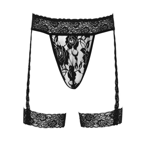 

men briefs see-through lace thong garter belt wide elastic waistband g-string underwear lingerie t-back for clubwear men's swimwear