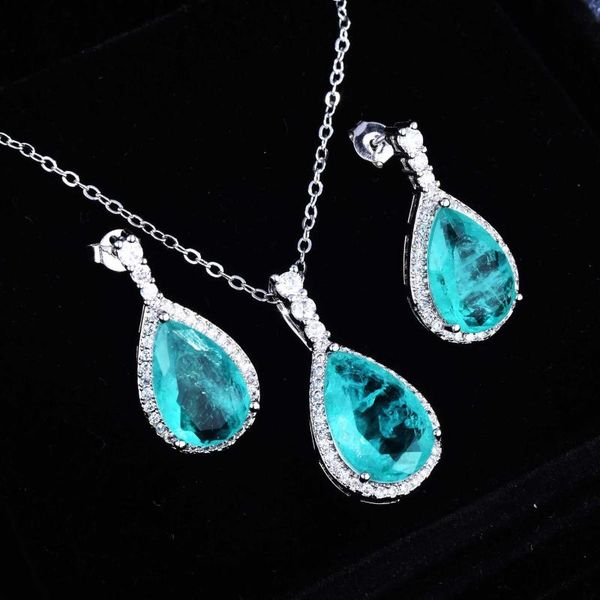 

earrings & necklace vintage 100% 925 sterling silver paraiba tourmaline emerald water drop gemstone pendants jewelry set wholesale