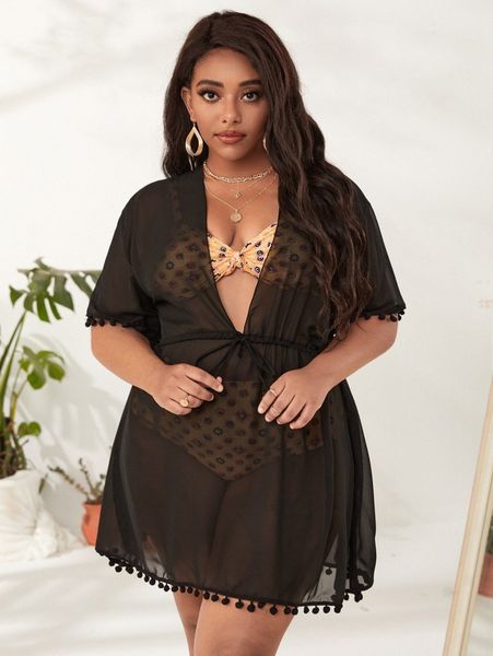 

sxy plus pom-pom trim drawstring cover up y8mg#, Black