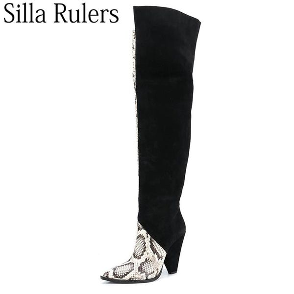 

boots 2021 winter snake skin over the knee women chunky heels slip on women's high pointed toe size 34-43eu botines mujer, Black