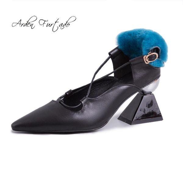 

arden furtado 2021 summer strange style genuine leather fur sandals women's shoes high heels white ladies elegant size 40 dress, Black