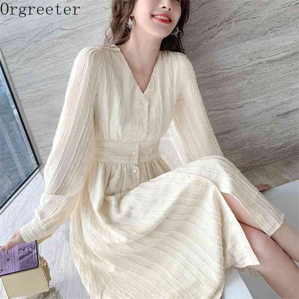 

spring v-neck versatile long-sleeved chiffon dress women sweet tassel deco solid elegant ol work 210602, White