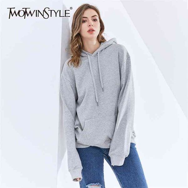 

solid sweatshirts for women hooded collar long sleeve lace up loose casual pullovers female autumn clothes 210524, Black