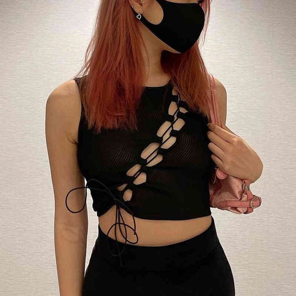 

women crop tanks lace up cross ribbed hollow out bodycon streetwear spring solid party club y2k clothing 210517, White