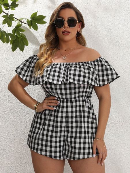 

plus gingham print off shoulder ruffle trim romper 41el#, Black