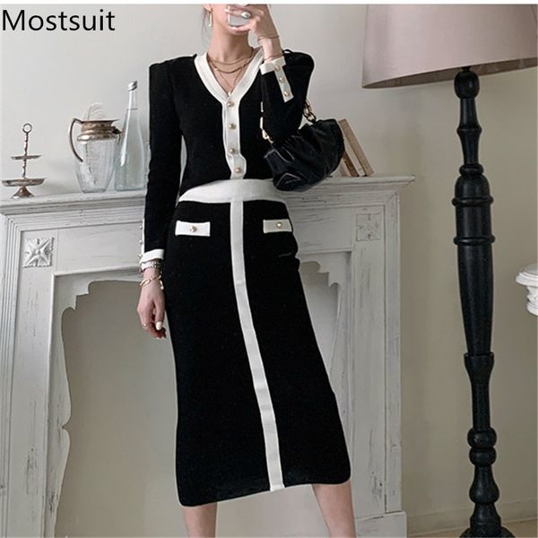 

korean elegant knitted two piece skirt set women spring v-neck cardigan + long pencil suits vintage ladies outfits 210518, White