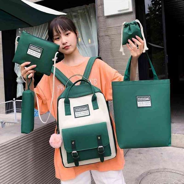 

5 pcs sets backpacks canvas school bags for teenager girl women backpack harajuku style shoulder mochilas