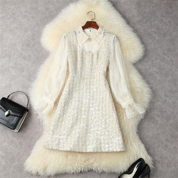 

casual dresses runway fashion women's sequins lace patchwork tweed woolen long sleeve autumn vestidos sweet party robe femme, Black;gray